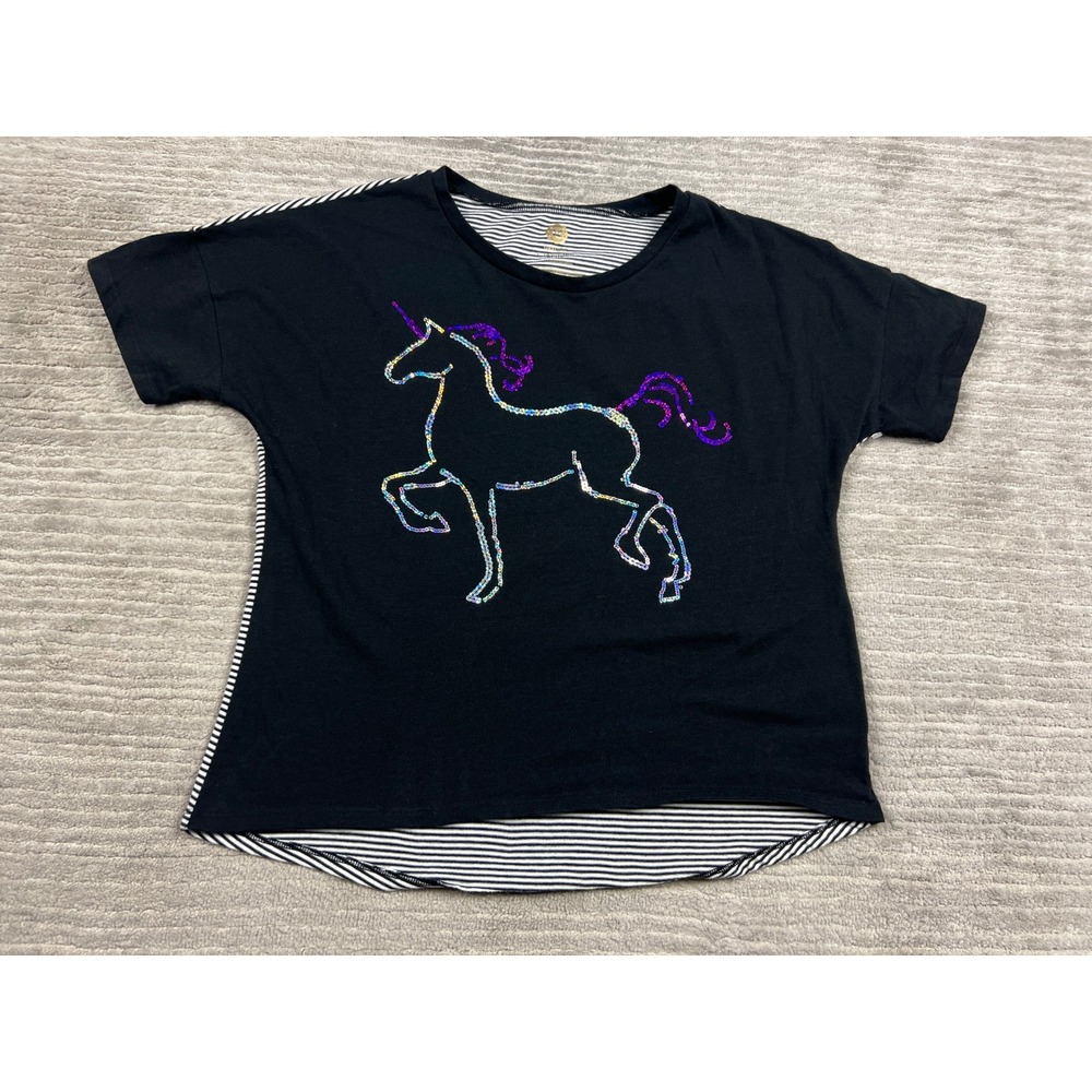 Total Girl Top Girls L 14.5-16.5 Plus Black Sequin Unicorn Striped High-Low Tee